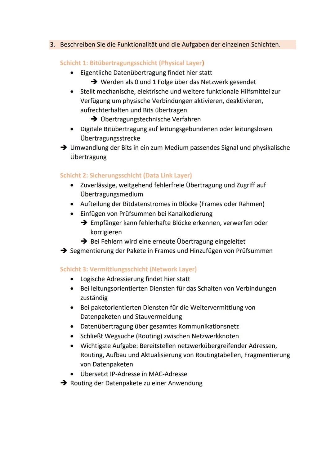 1. Beschreiben Sie den Ablauf eines Kommunikationsvorganges zwischen zwei
Netzwerkknoten anhand des OSI-Schichtenmodells.
Wenn ein Sender ei