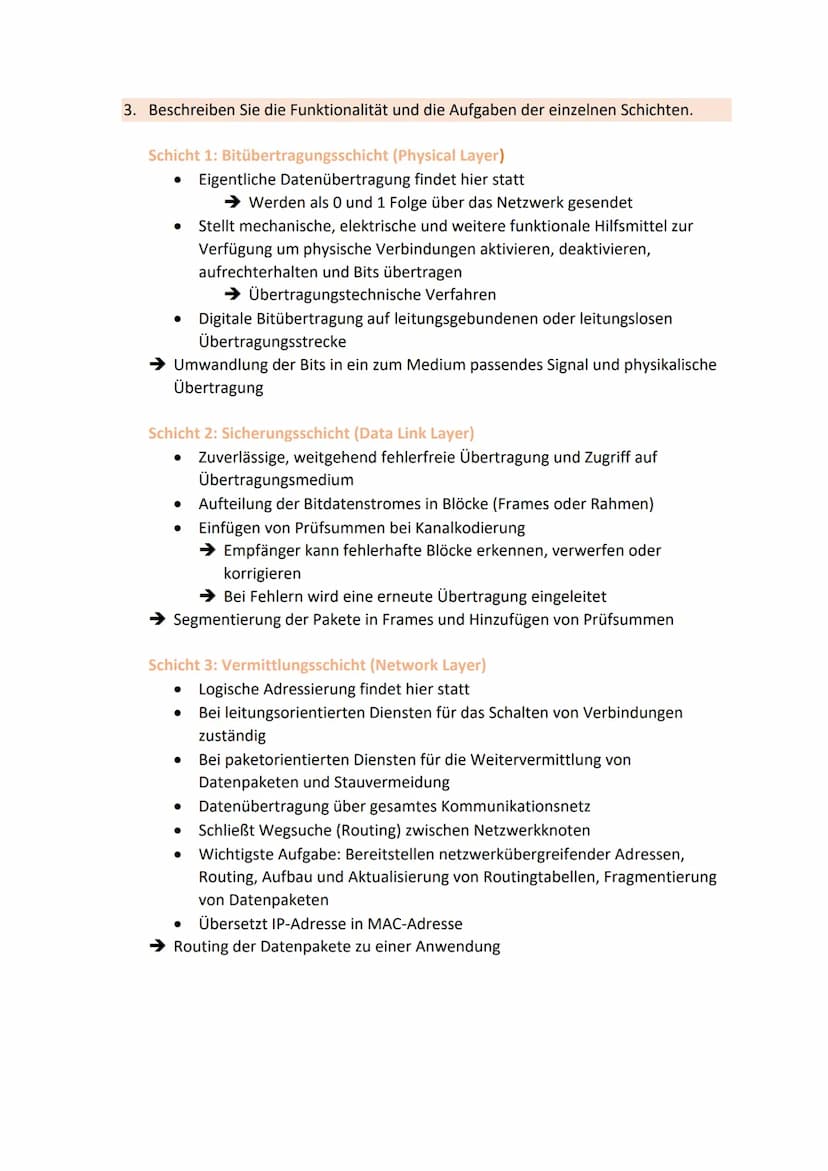 1. Beschreiben Sie den Ablauf eines Kommunikationsvorganges zwischen zwei
Netzwerkknoten anhand des OSI-Schichtenmodells.
Wenn ein Sender ei