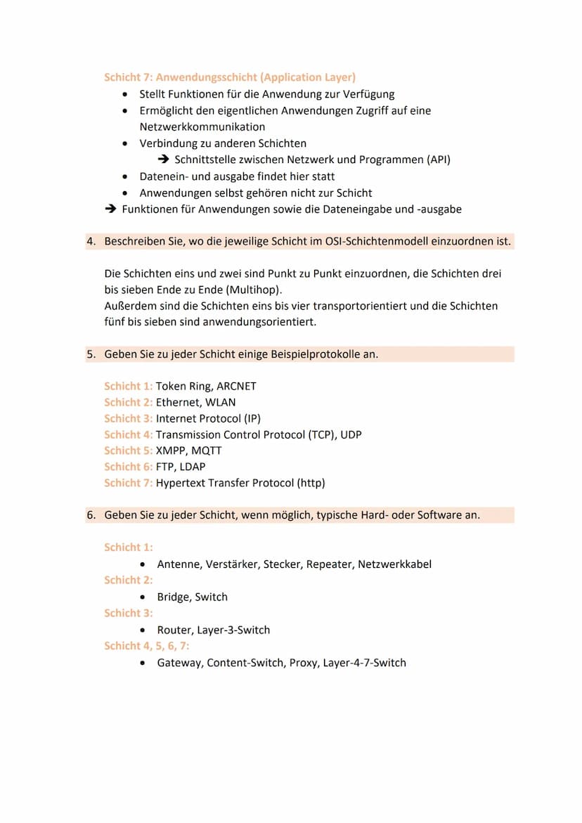 1. Beschreiben Sie den Ablauf eines Kommunikationsvorganges zwischen zwei
Netzwerkknoten anhand des OSI-Schichtenmodells.
Wenn ein Sender ei