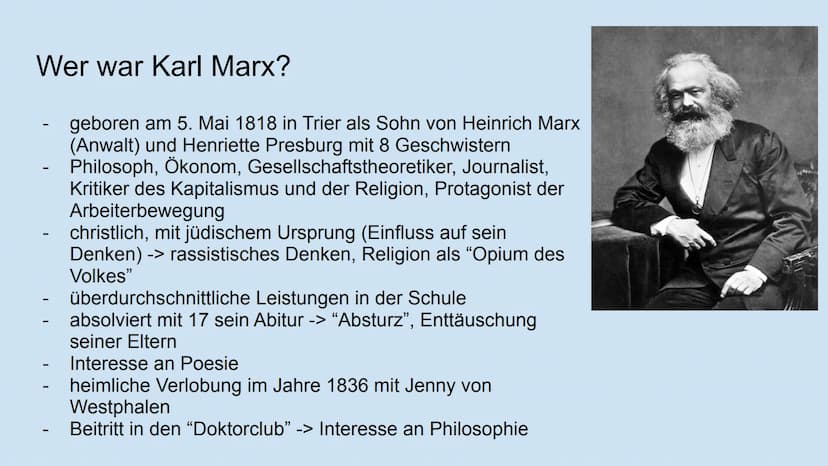 AAAAA
af
Karl Marx und seine Lehre
des Marxismus
Präsentation von Iman Ahmad Inhaltsverzeichnis
-
-
- Der Kapitalismus aus Marx' Sicht
Das K