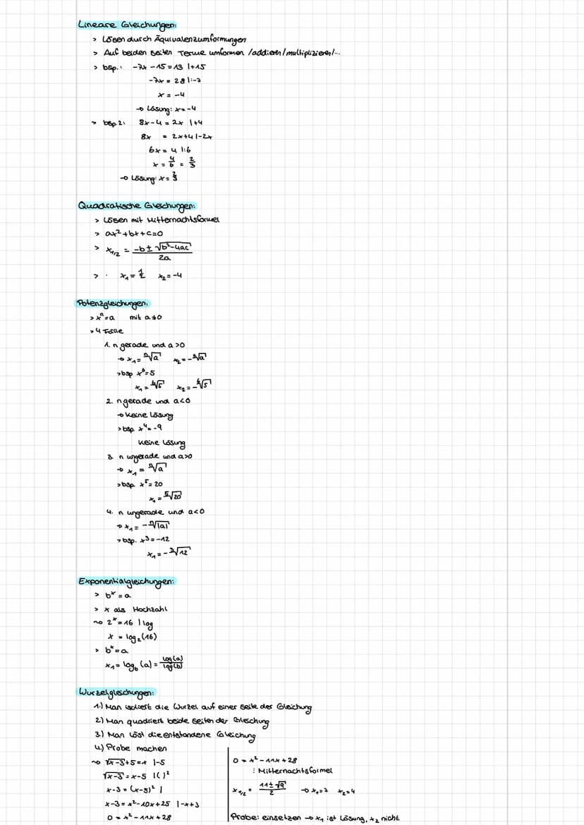 Gleichungen lösen
Grundtechniken:
Ausklammern:
> gleiches kann ausgeklammert werden.
>
bsp. +³-4x=0
x. (+²-4)=0
Gatz vom Nullprodukt.
> Funk