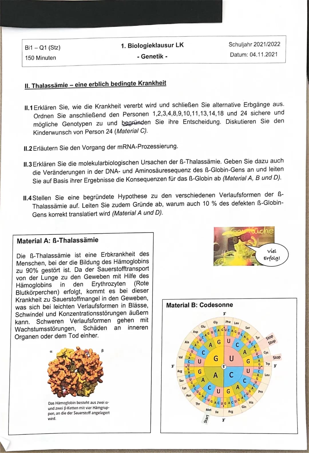 Biologieklausur Genetik 1 | Erste Genetikklausur Biologie LK | Vererbung, Mendel | Krankheiten, Stammbäume, ß- Thalassämie | mRNA Prozessierung | Mutationen 