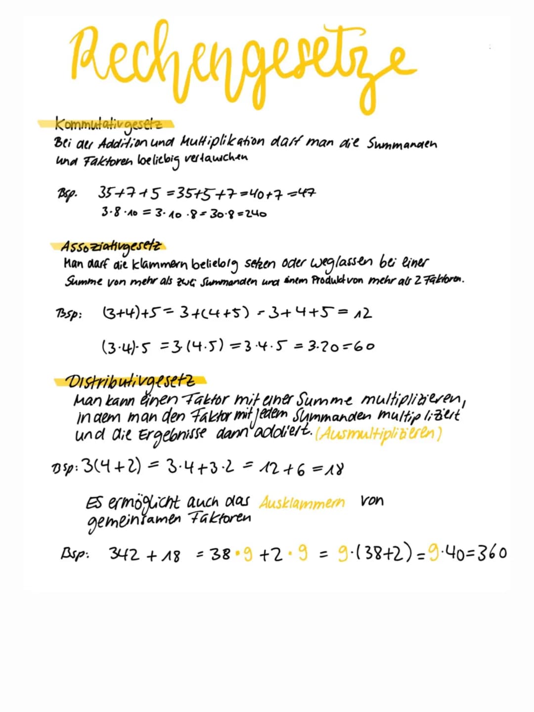 Rechengesetze
Kommutativgesetz
Bei der Addition und Multiplikation dast man die Summanden
und Faktoren beliebig vertauschen
Bsp. 35+7+5=35+5