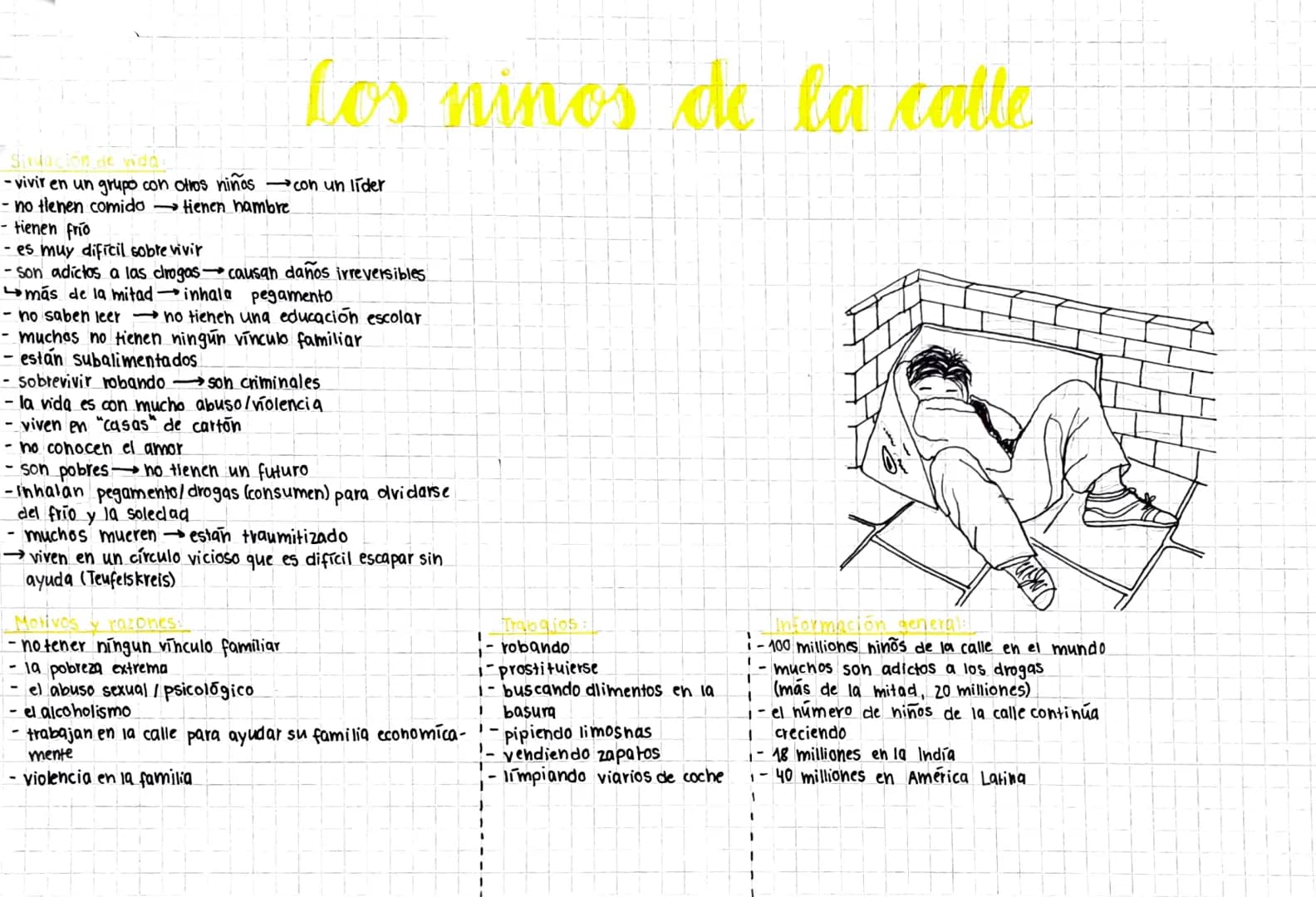 los ninos de la calle
Sivuacion de vida:
-vivir en un grupo con otros niños con un lider
-no tienen comido
tienen hambre
- tienen frío
- es 