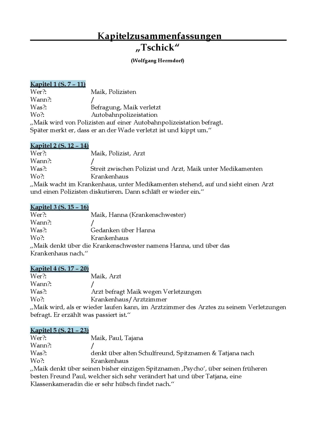 Tschick Kapitelzusammenfassungen