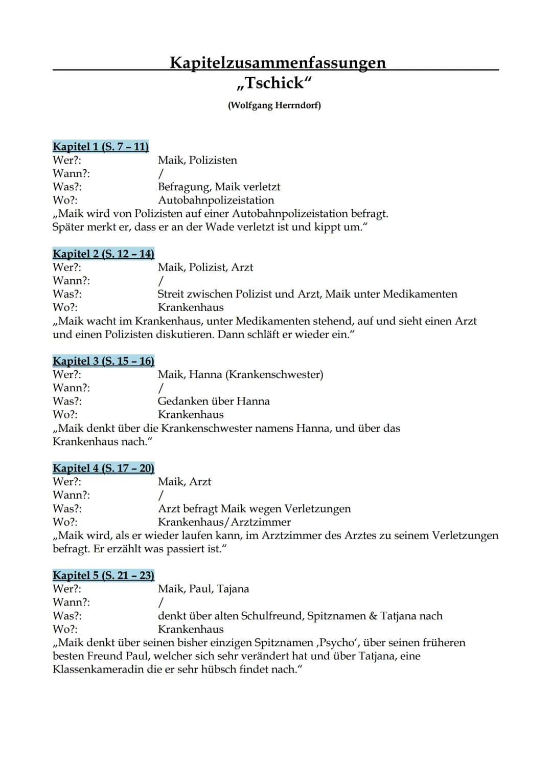 Kapitelzusammenfassungen
,,Tschick"
(Wolfgang Herrndorf)
Kapitel 1 (S. 7-11)
Wer?:
Wann?:
Was?:
Befragung, Maik verletzt
Wo?:
Autobahnpolize