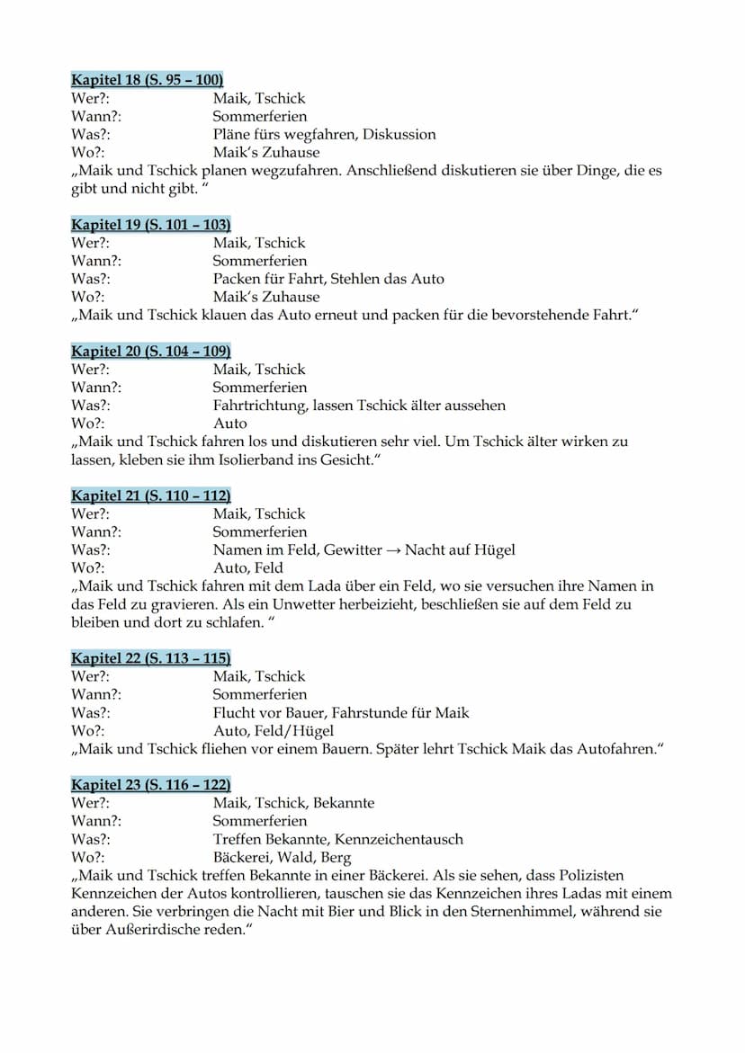 Kapitelzusammenfassungen
,,Tschick"
(Wolfgang Herrndorf)
Kapitel 1 (S. 7-11)
Wer?:
Wann?:
Was?:
Befragung, Maik verletzt
Wo?:
Autobahnpolize