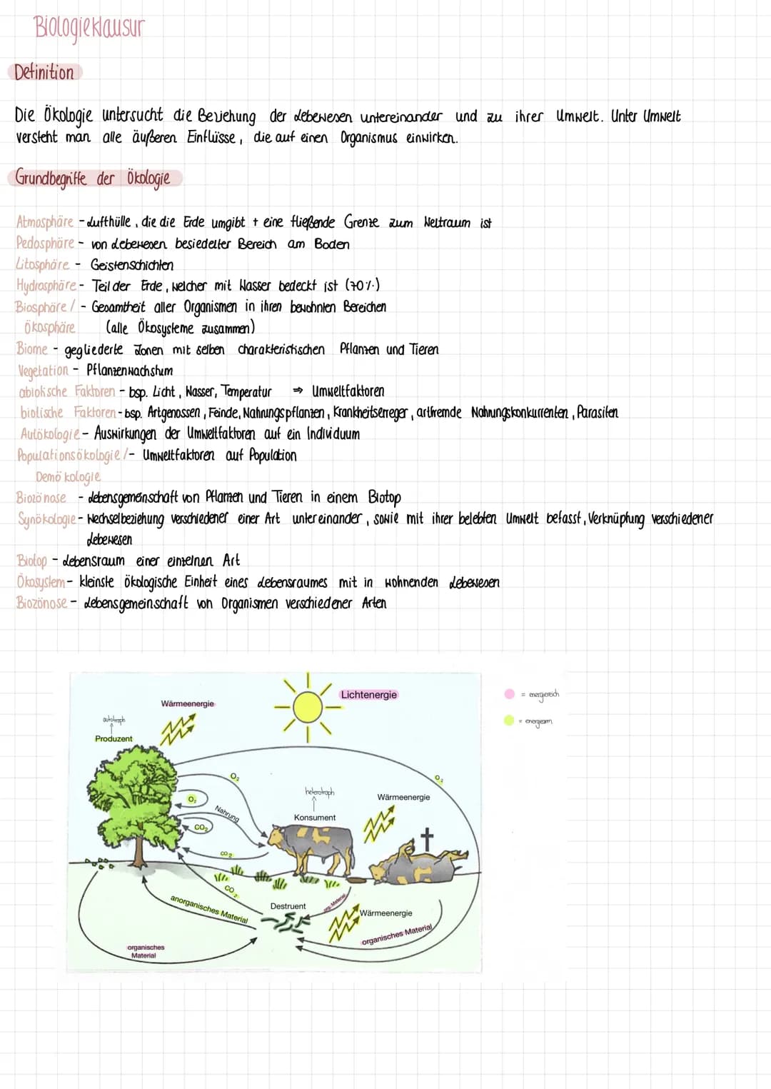 Biologie klausur
Definition
Die Ökologie untersucht die Beziehung der Lebewesen untereinander und zu ihrer Umwelt. Unter Umwelt
versteht man