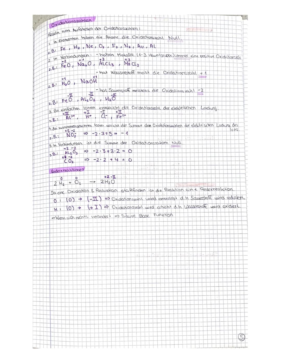 Oxidationszahlen
Regeln zum Aufstellen der Oxidationszahlen:
1. In Elementen haben die Atome die Oxidationszahl Null
2. B.: Fe, H₂, Ne, O₂, 