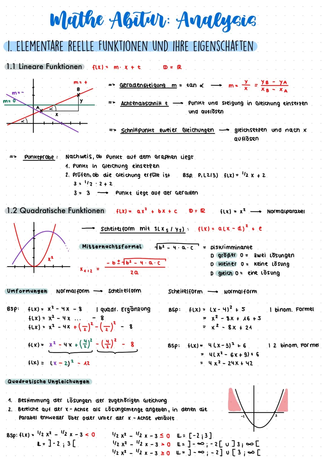 mathe Abitur: Analysis
1. ELEMENTARE REELLE FUNKTIONEN UND IHRE EIGENSCHAFTEN
1.1 Lineare Funktionen fLx) = mx + t
m=
m= 0
=>
X
Punktprobe :