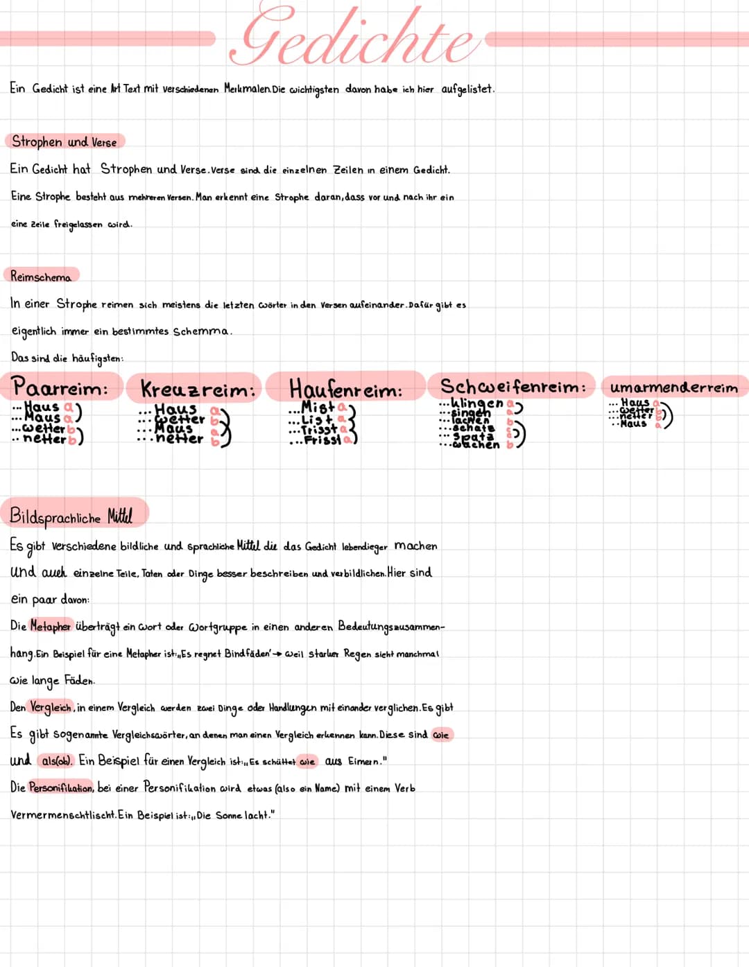 Gedichte
Ein Gedicht ist eine Art Text mit verschiedenen Merkmalen. Die wichtigsten davon habe ich hier aufgelistet.
Strophen und Verse
Ein 