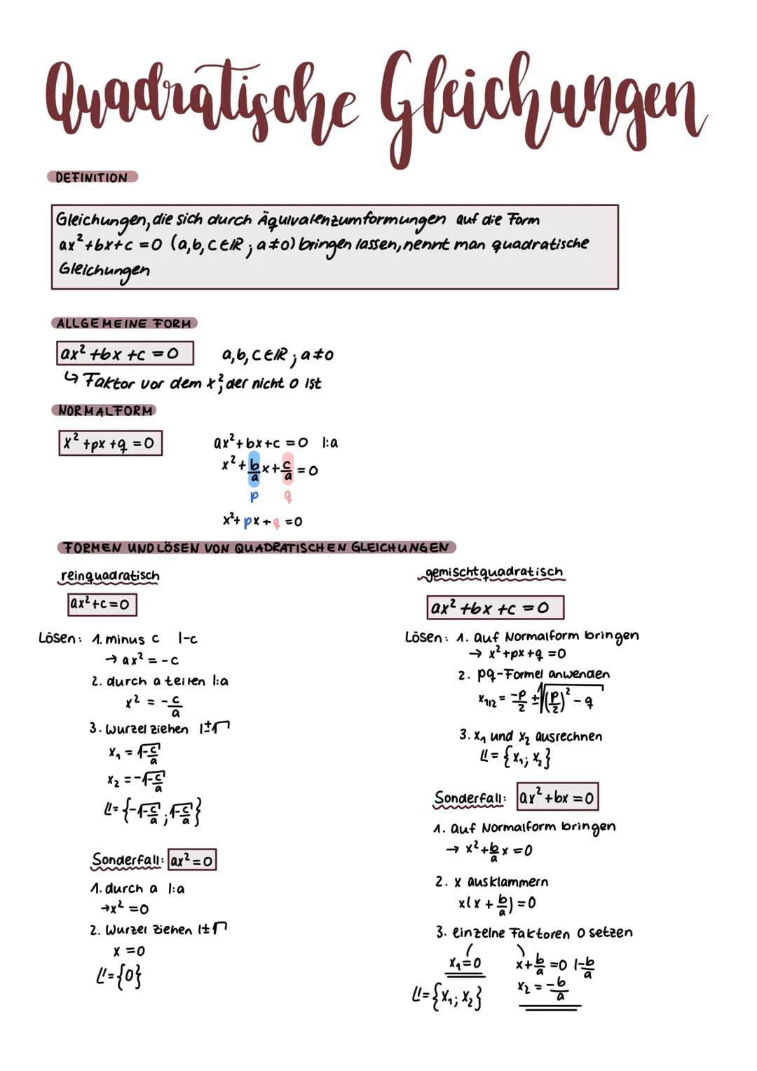 Quadratische Gleichungen
Gleichungen, die sich durch Äquivalenzumformungen auf die Form
ax²+bx+c =0 (a,b,CER; a ‡0) bringen lassen, nennt ma