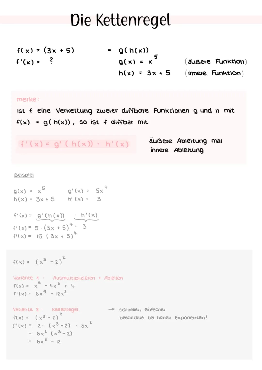 <h2 id="kettenregelundproduktregel">Kettenregel und Produktregel</h2>
<p>Die Kettenregel und die Produktregel sind wichtige Ableitungsregeln