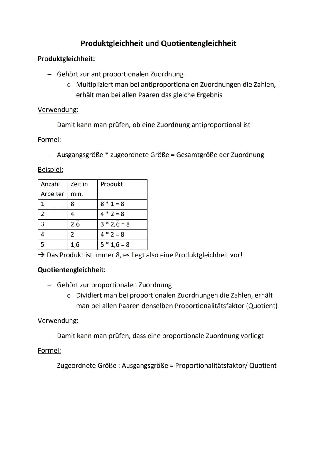 Produktgleichheit:
Gehört zur antiproportionalen Zuordnung
o Multipliziert man bei antiproportionalen Zuordnungen die Zahlen,
erhält man bei