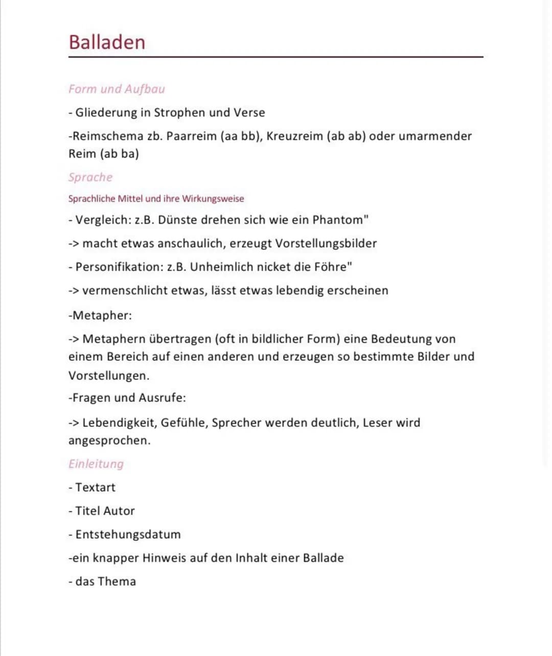 Balladen
Form und Aufbau
- Gliederung in Strophen und Verse
-Reimschema zb. Paarreim (aa bb), Kreuzreim (ab ab) oder umarmender
Reim (ab ba)