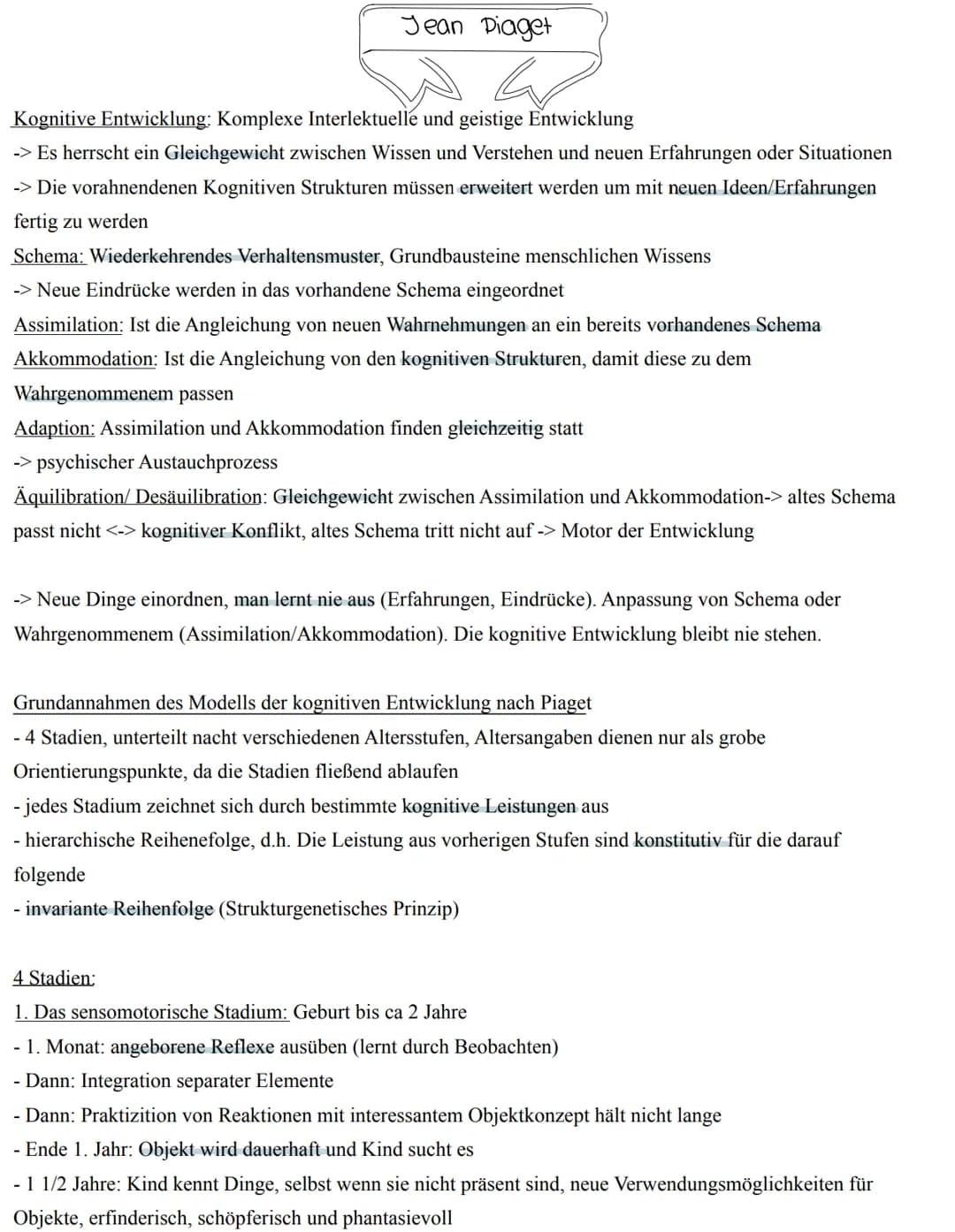 Jean Piaget
Kognitive Entwicklung: Komplexe Interlektuelle und geistige Entwicklung
-> Es herrscht ein Gleichgewicht zwischen Wissen und Ver