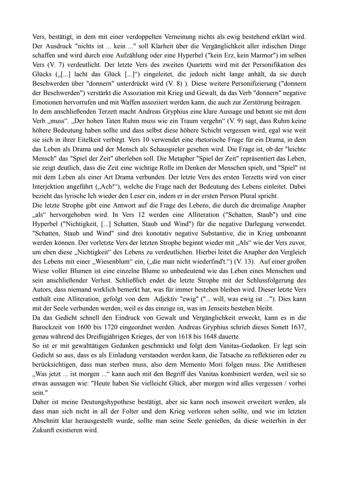 Analyse: „Es ist alles Eitel"
Bei dem Gedicht „Es ist alles eitel", im Jahre 1637 von Andreas Gryphius geschrieben, handelt es
sich um ein S