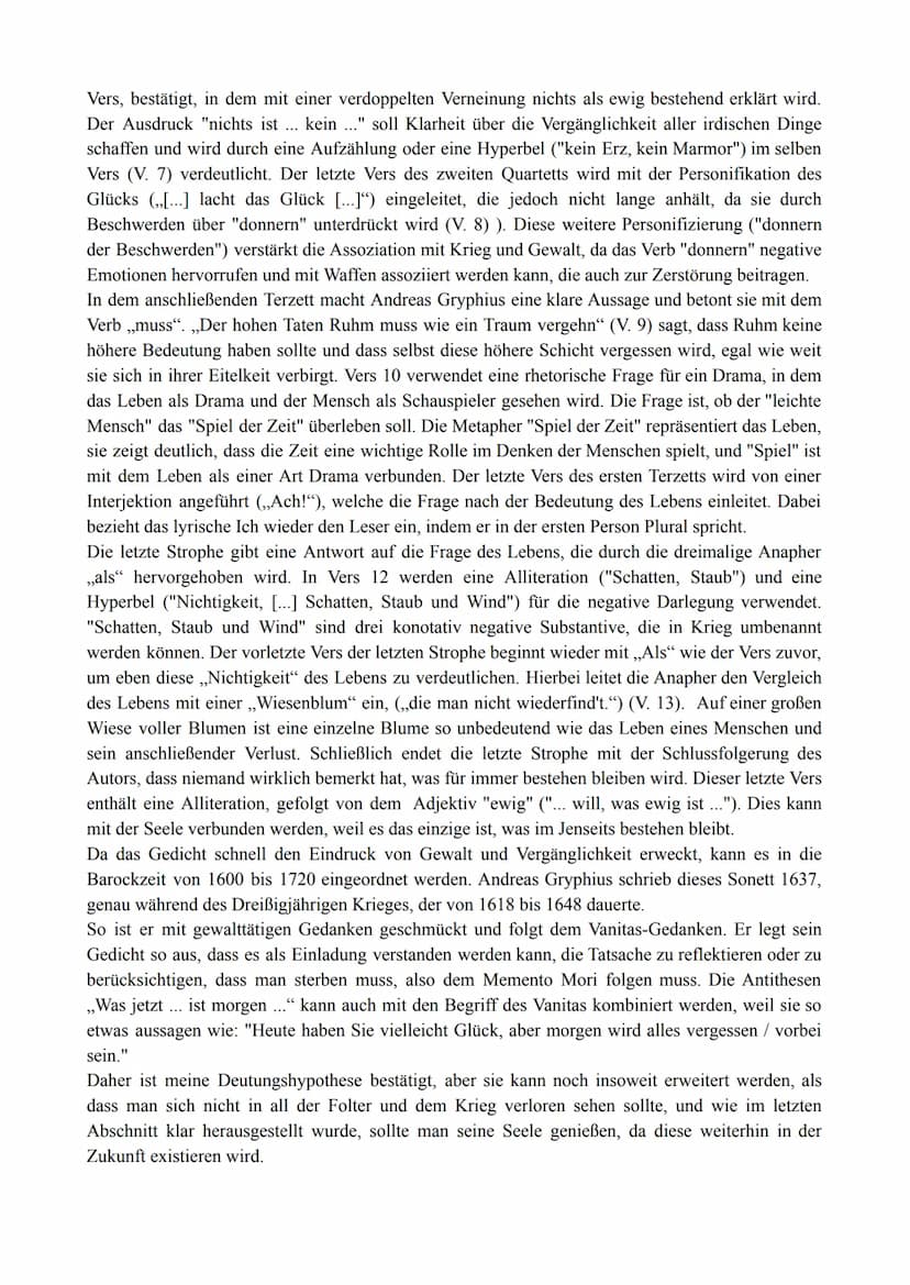 Analyse: „Es ist alles Eitel"
Bei dem Gedicht „Es ist alles eitel", im Jahre 1637 von Andreas Gryphius geschrieben, handelt es
sich um ein S