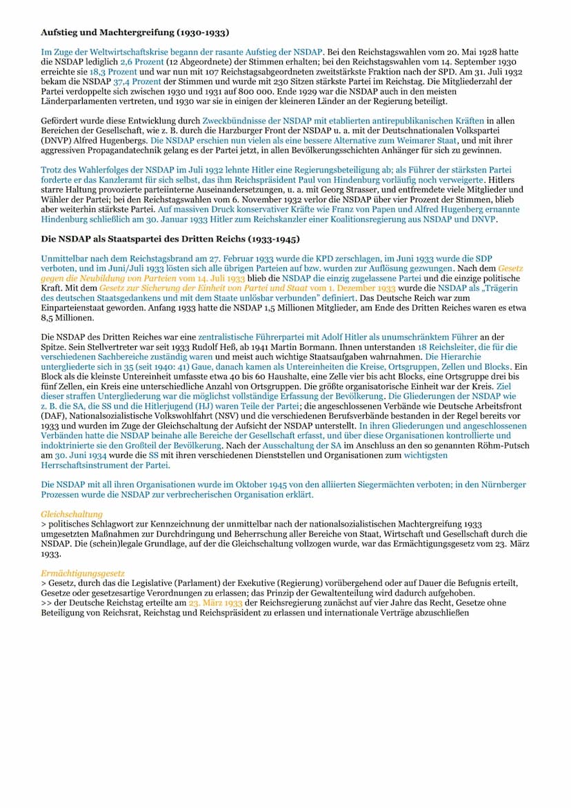 DIE NSDAP (NATIONALSOZIALISTISCHE DEUTSCHE ARBEITERPARTEI)
> nach dem 1. Weltkrieg rechtsradikale Splitterpartei, gegen Ende der Weimarer Re