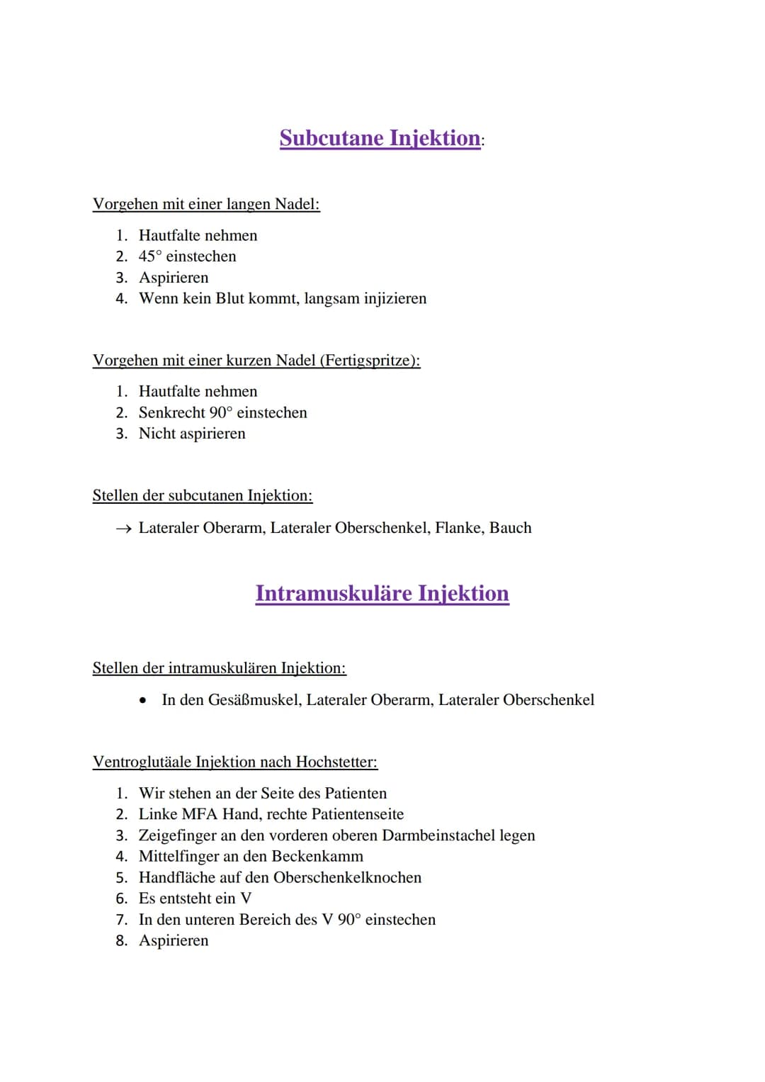 Intravenöse Injektion:
→ Abkürzung: i.v.
→ In die Vene, 20-30°, aspirieren
Intraarteriell:
→ Abkürzung: i.a.
→ In die Arterie
Intraartikulär