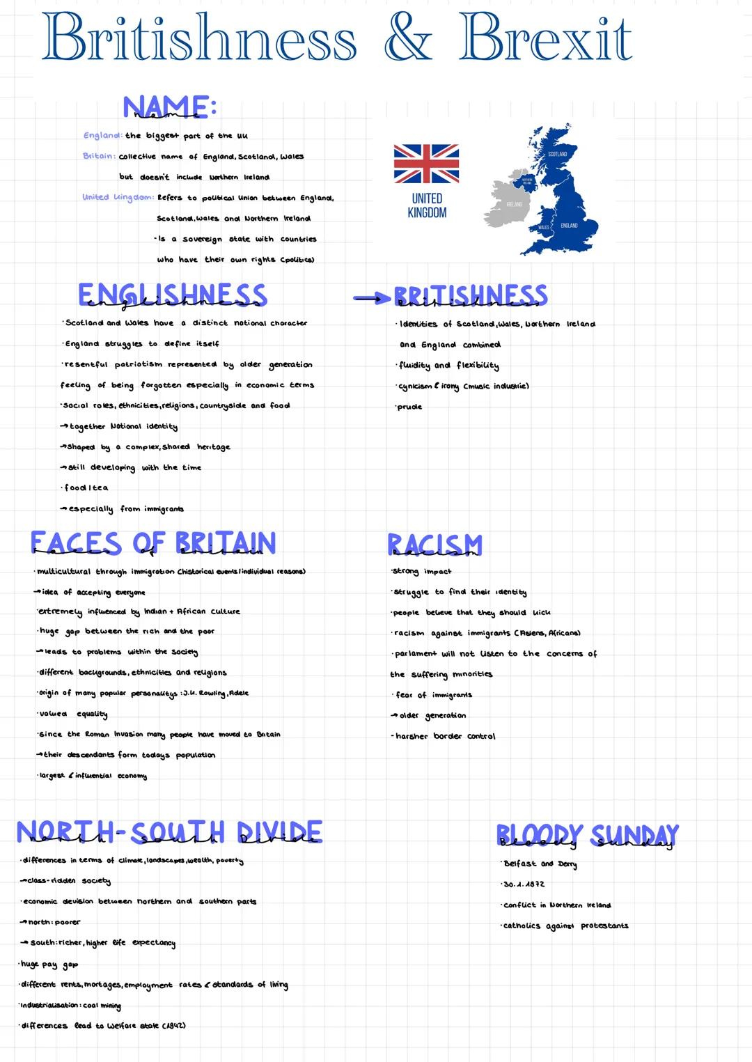 Britishness & Brexit

NAME:
England: the biggest part of the uu
Britain: collective name of England, Scotland, Wales
but doesn't include Nor