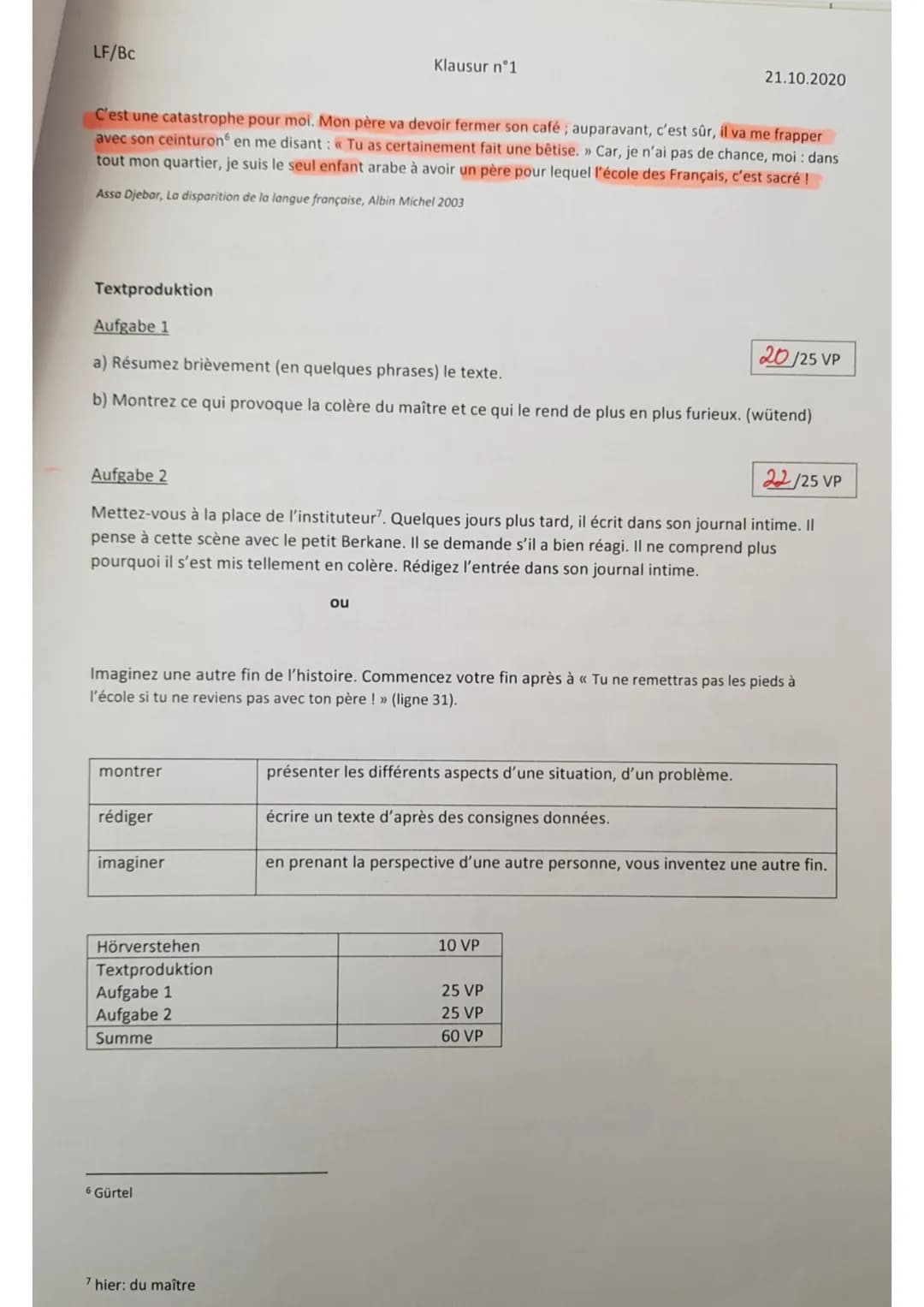 LF/Bc
nom:
Raschida
Thiombane
Klausur nᵒ1
points: 52 VP
note à l'oral: 13 NP
note: 13 NP
10,6
O
21.10.2020
La scène se passe en 1952 dans un