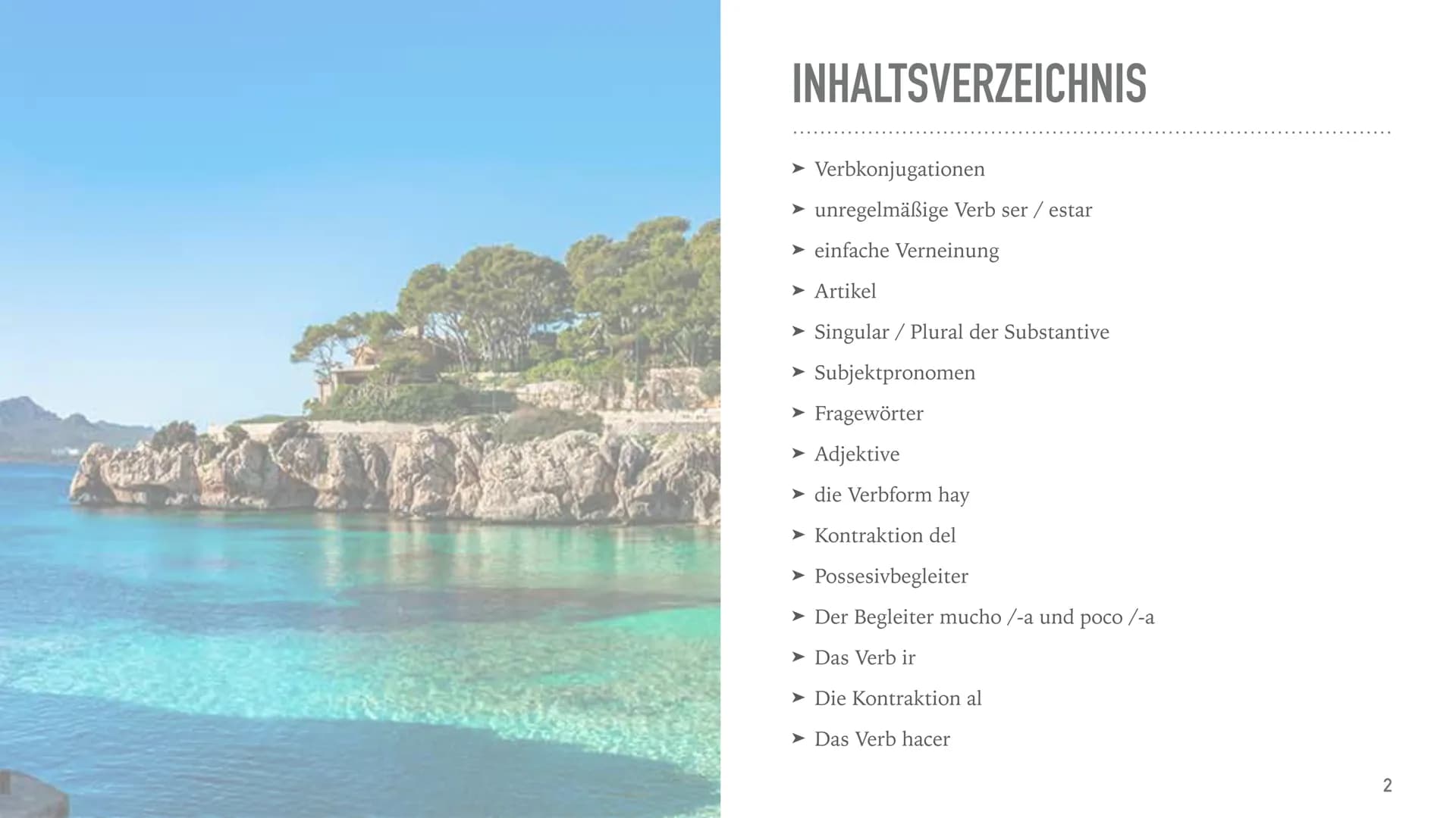 SPANISCHE GRAMMATIK
AbiGe INHALTSVERZEICHNIS
➤ Verbkonjugationen
➤ unregelmäßige Verb ser / estar
➤ einfache Verneinung
➤ Artikel
➤ Singular