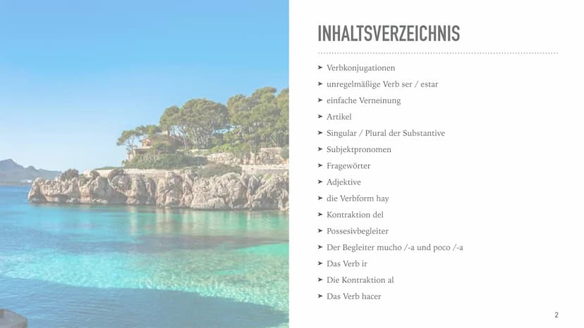 SPANISCHE GRAMMATIK
AbiGe INHALTSVERZEICHNIS
➤ Verbkonjugationen
➤ unregelmäßige Verb ser / estar
➤ einfache Verneinung
➤ Artikel
➤ Singular