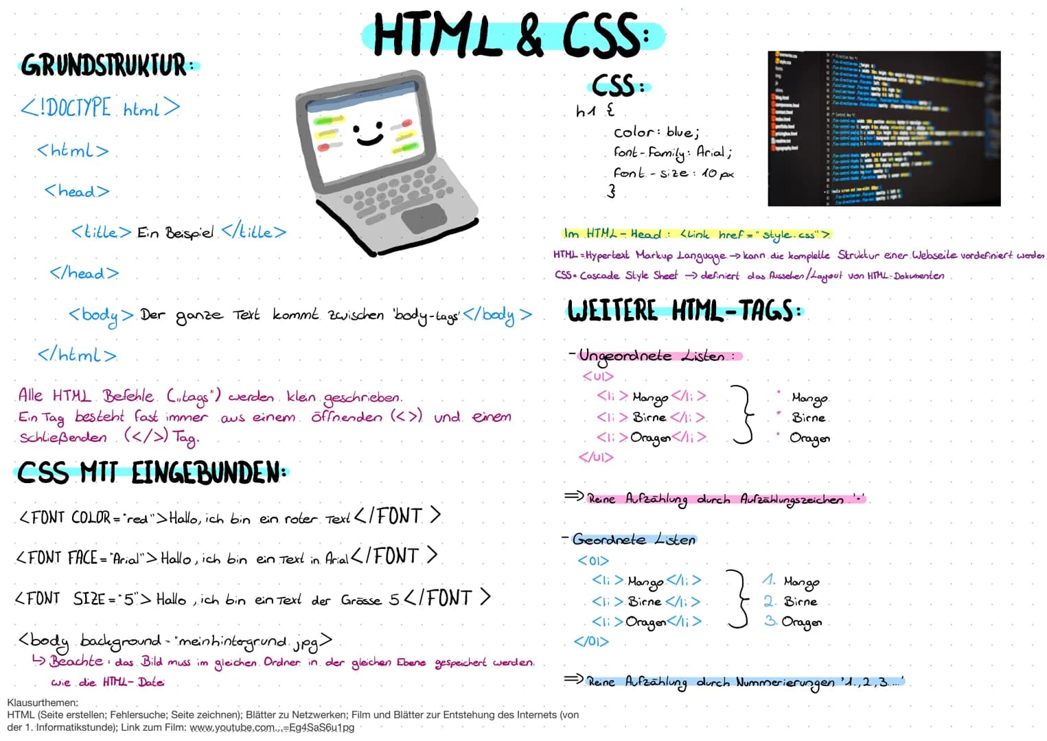GRUNDSTRUKTUR:
<!DOCTYPE html>
<html>
<head>
<title> Ein Beispiel </title>
</head>
HTML & CSS:
CSS:
●●●●●
00
<body>. Der ganze Text kommt zw