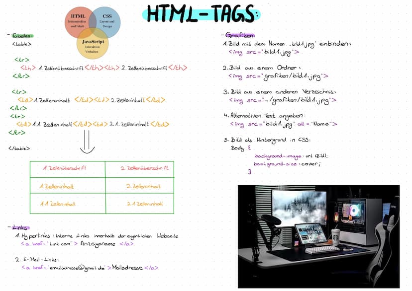 GRUNDSTRUKTUR:
<!DOCTYPE html>
<html>
<head>
<title> Ein Beispiel </title>
</head>
HTML & CSS:
CSS:
●●●●●
00
<body>. Der ganze Text kommt zw