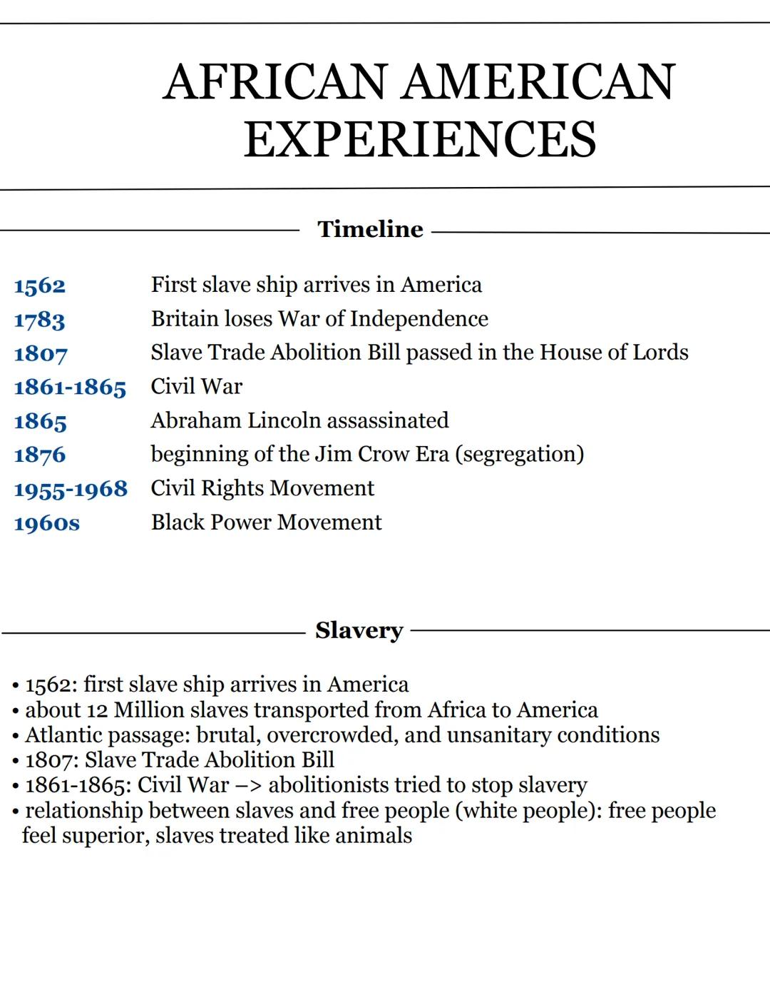 # AFRICAN AMERICAN
# EXPERIENCES

---

Timeline

---

1562 First slave ship arrives in America

1783 Britain loses War of Independence

1807