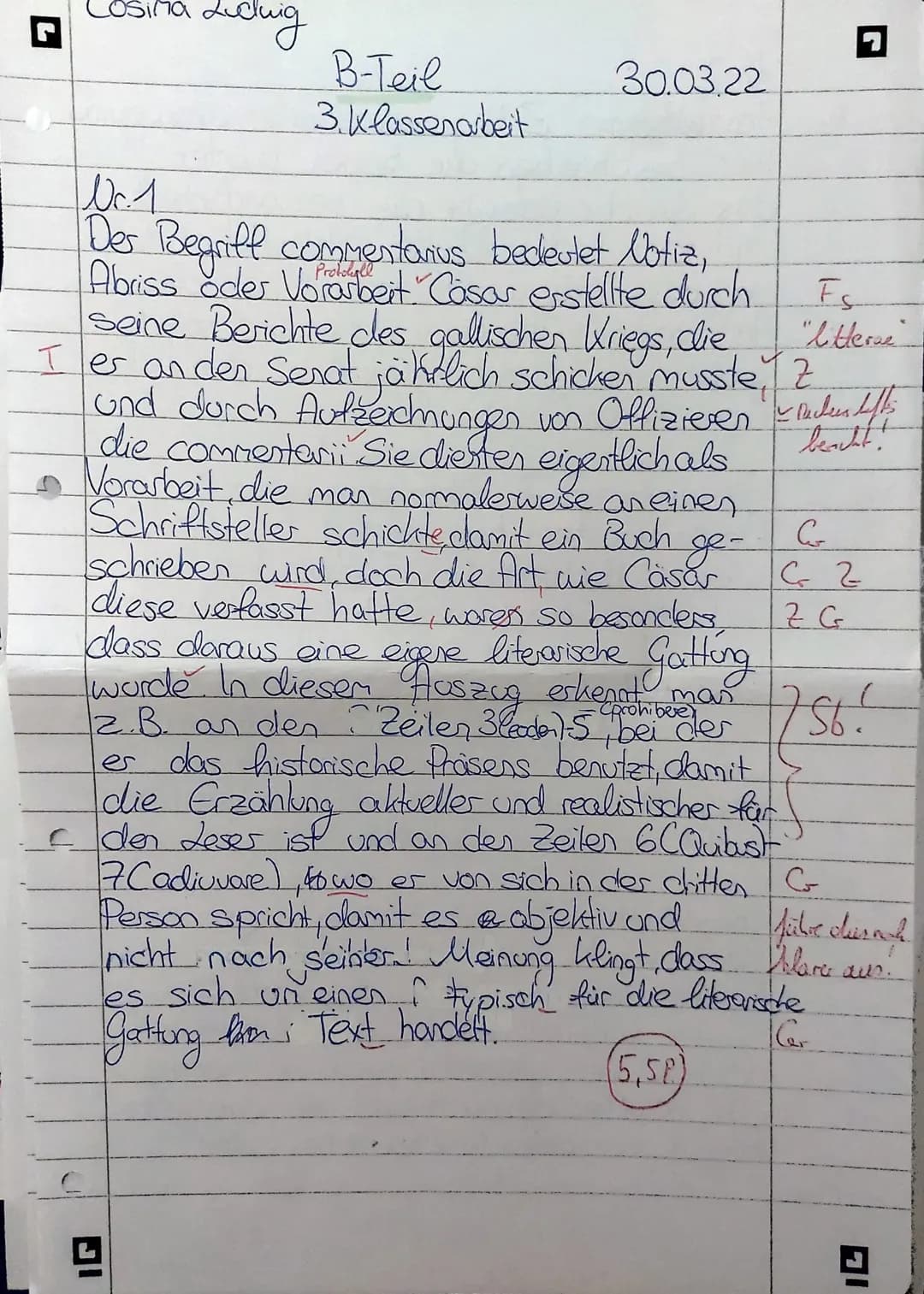 9
1
2
3
4
5
Klasse: 10
6
Name: Cosima
LATEIN-Klassenarbeit Nr. 3
Thema: Caesar - De bello Gallico
B: AUFGABEN:
LAD.
facile ab oppidis vim ho