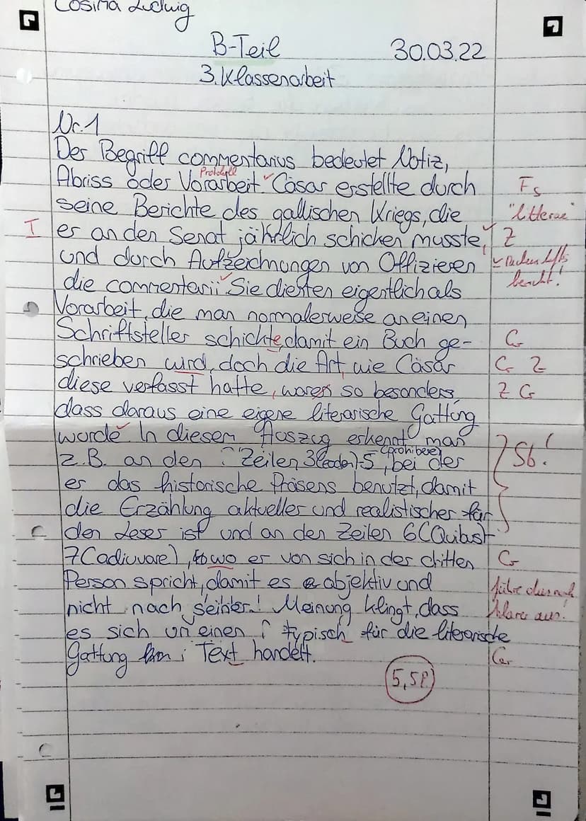 9
1
2
3
4
5
Klasse: 10
6
Name: Cosima
LATEIN-Klassenarbeit Nr. 3
Thema: Caesar - De bello Gallico
B: AUFGABEN:
LAD.
facile ab oppidis vim ho