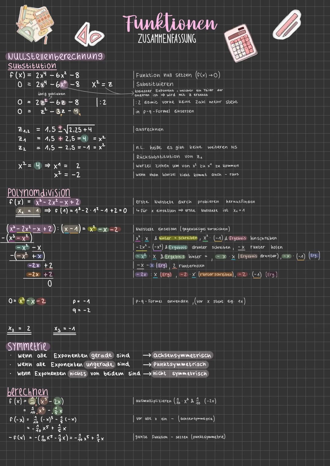 NULLStellenberechnung
Substitution
f(x) = 2x4 - 6x² -8
0 = 2x46x² -8
übrig geblieben
O = 2z²-62-8
z²-32-4.
O
Z 1,2
Z₁
Z₂
X²
f(x)
X₁
721
POLY