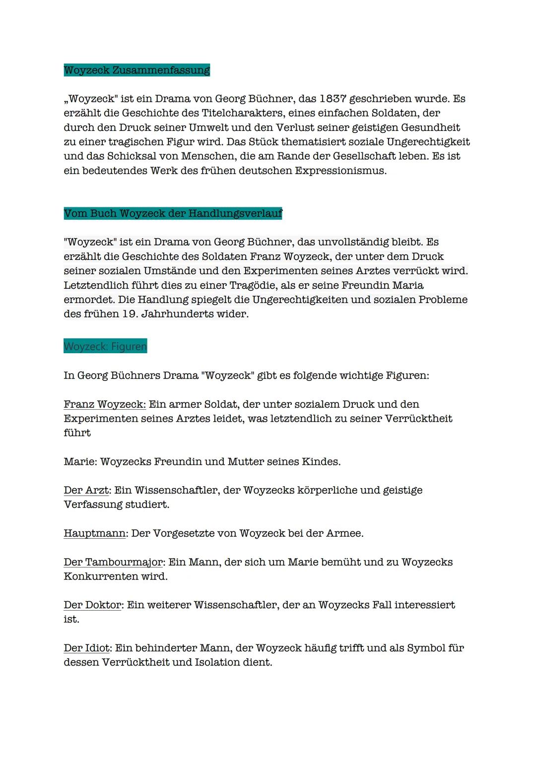 Woyzeck # Woyzeck Zusammenfassung

„Woyzeck" ist ein Drama von Georg Büchner, das 1837 geschrieben wurde. Es
erzählt die Geschichte des Tite