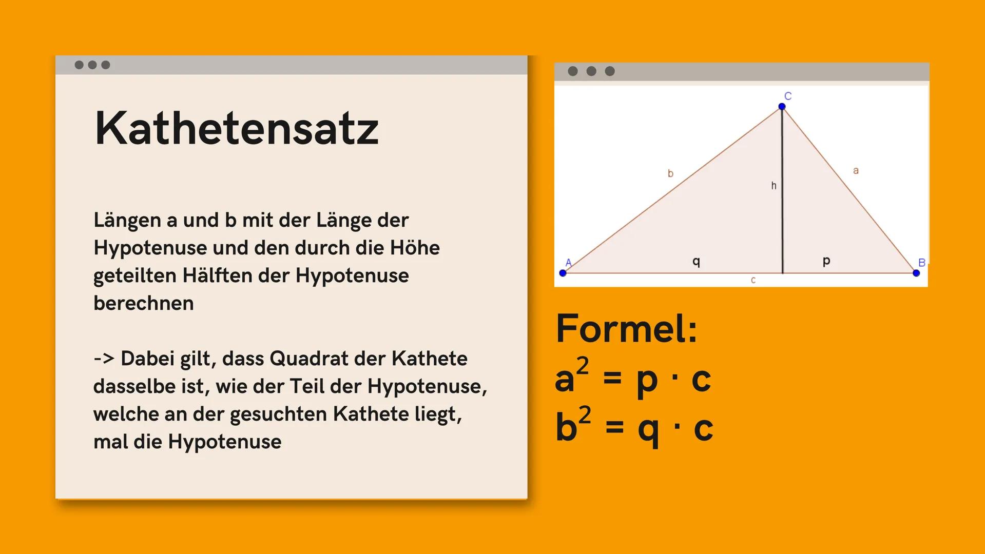 Kathetensatz
by maiouid
7
Formel und mit
Beispielen :) Kathetensatz
Längen a und b mit der Länge der
Hypotenuse und den durch die Höhe
getei