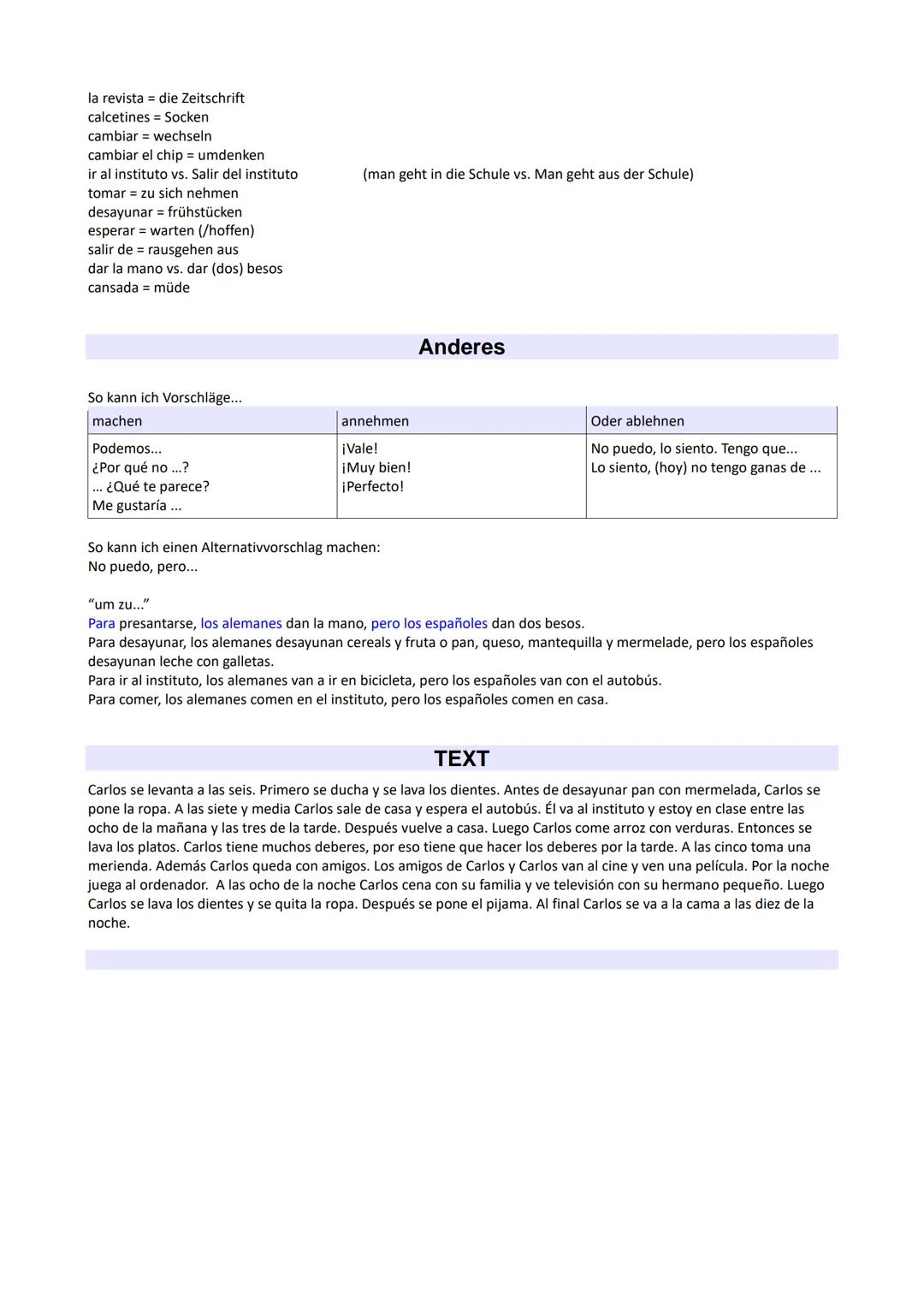 --- OCR Start ---
Spanisch Lernzettel Klausur 4 - Tagesablauf
THEMEN KLAUSUR
Leseverstehen üben (es wird ein sehr umfangreiches Leseverstehe