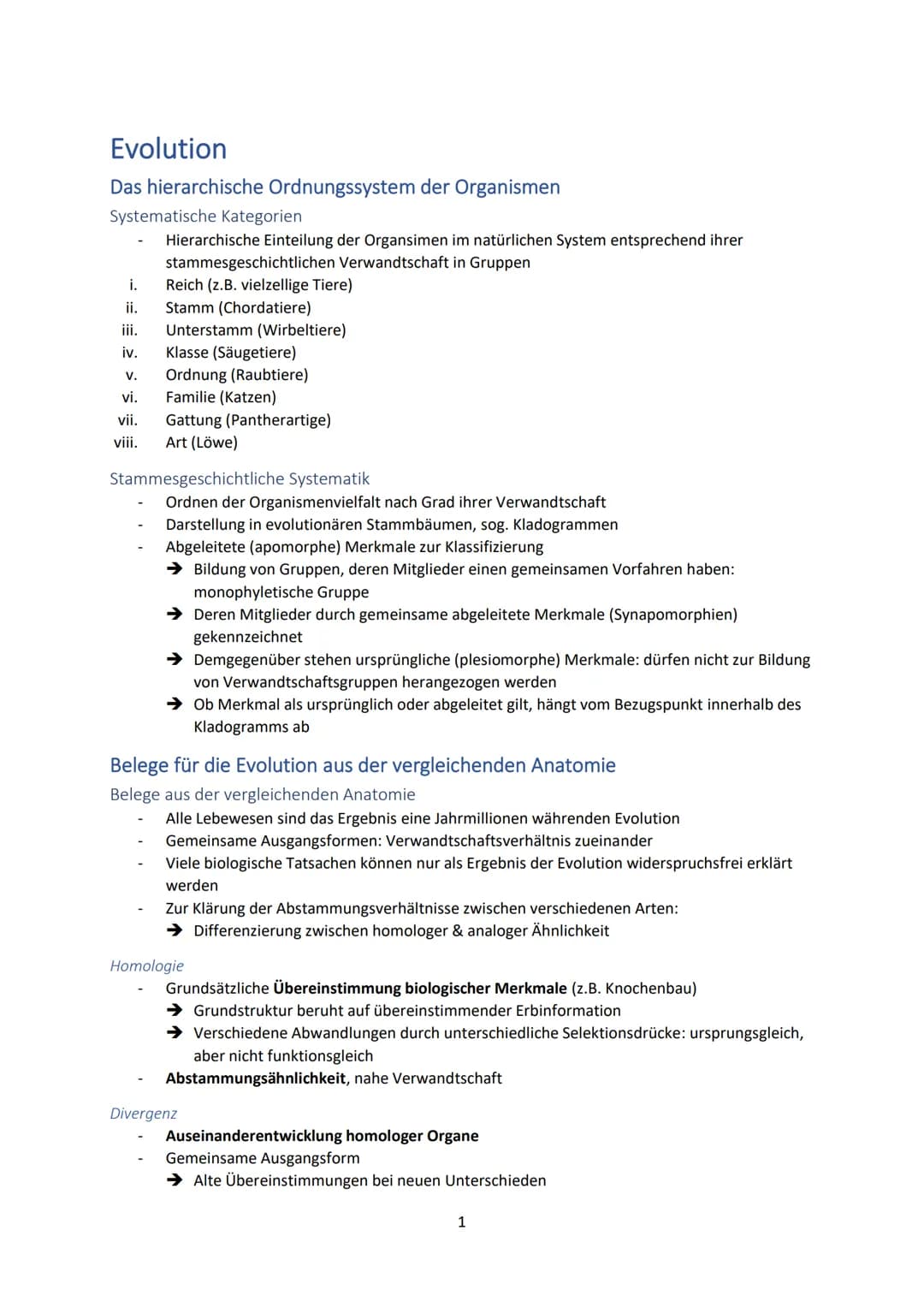 Evolution
Das hierarchische Ordnungssystem der Organismen
Systematische Kategorien
Hierarchische Einteilung der Organsimen im natürlichen Sy