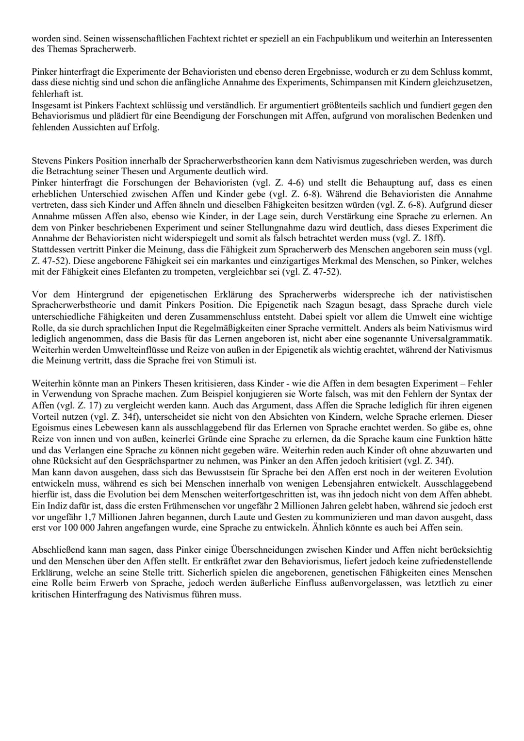 Analyse Pinker
In dem sprachwissenschaftliche Fachtext ,,Der Sprachinstinkt", welcher von Steven Pinker verfasst und 1996 in
München veröffe