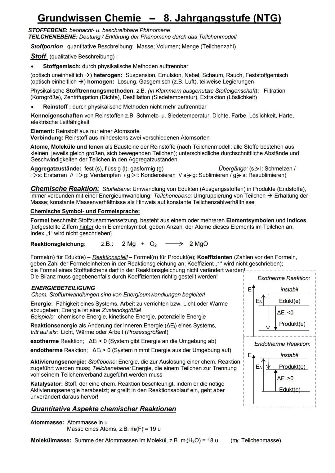 Grundwissen Chemie 8. Jahrgangsstufe (NTG)
STOFFEBENE: beobacht- u. beschreibbare Phänomene
TEILCHENEBENE: Deutung / Erklärung der Phänomene