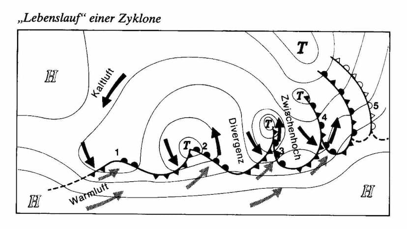  Entstehung und Entwicklung
einer Zyklone Definition: wanderndes Tiefdruckgebiet der gemäßigten Breiten
Entwicklung einer Zyklone
(1) Anfang
