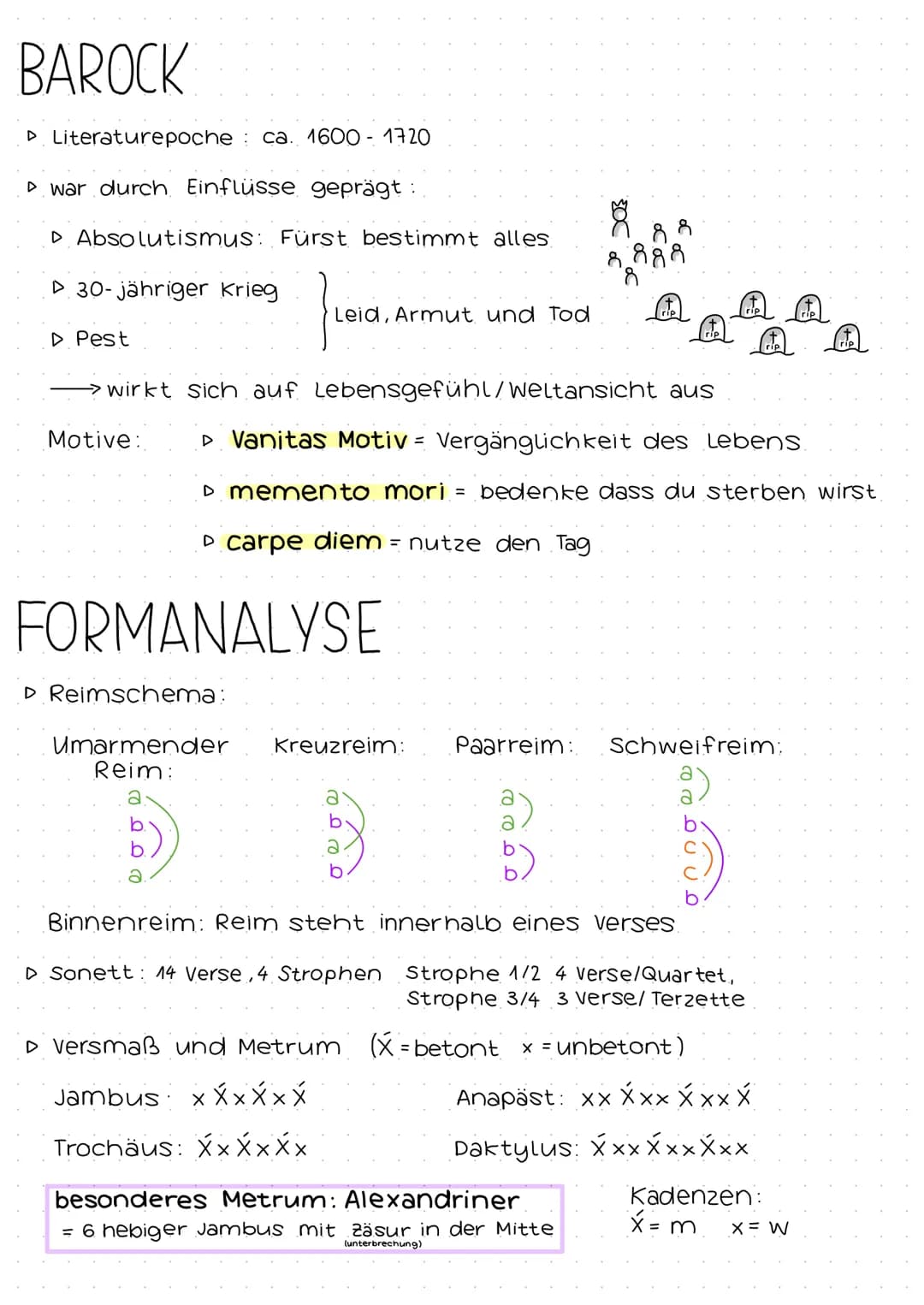 BAROCK
D Literaturepoche: ca. 1600 - 1720
▷ war durch Einflüsse geprägt:
D Absolutismus: Fürst bestimmt alles.
D 30-jähriger Krieg
▷ Pest
Mo
