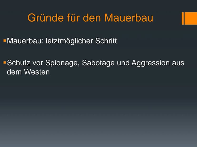 38
Mauerbau 1961
eine Präsentation von
Geschichte Q3 -
22.11.2021
Abbildung 1
Eckdaten
Gründe für den
Mauerbau
(Jahr des)
Mauerbau(s)
Reakti