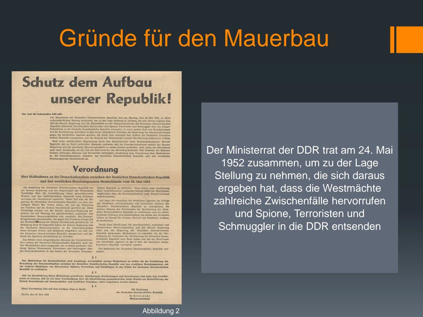 38
Mauerbau 1961
eine Präsentation von
Geschichte Q3 -
22.11.2021
Abbildung 1
Eckdaten
Gründe für den
Mauerbau
(Jahr des)
Mauerbau(s)
Reakti