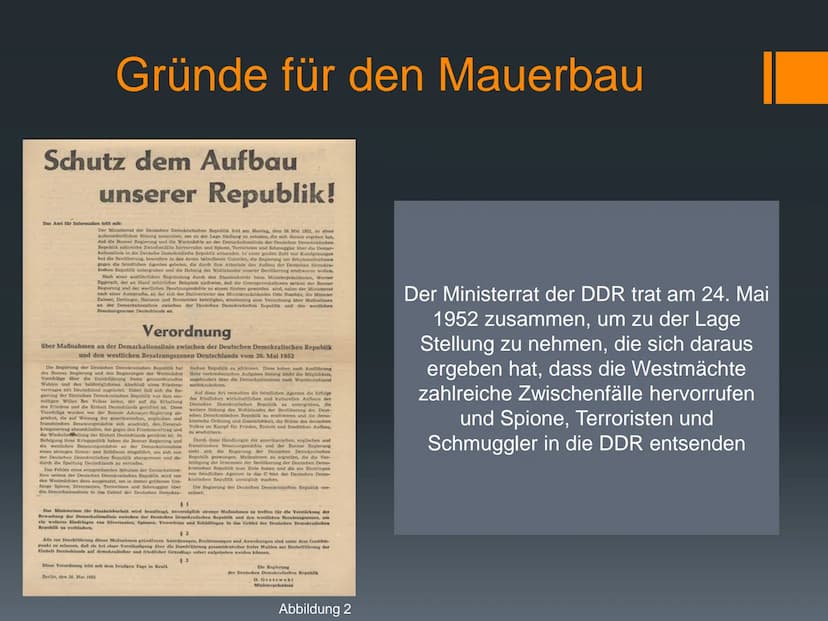 38
Mauerbau 1961
eine Präsentation von
Geschichte Q3 -
22.11.2021
Abbildung 1
Eckdaten
Gründe für den
Mauerbau
(Jahr des)
Mauerbau(s)
Reakti