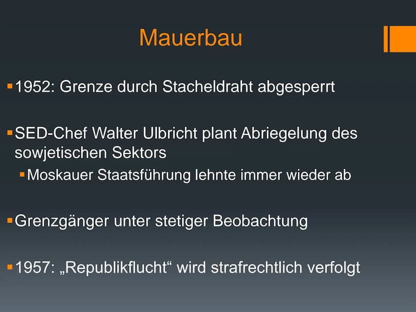 38
Mauerbau 1961
eine Präsentation von
Geschichte Q3 -
22.11.2021
Abbildung 1
Eckdaten
Gründe für den
Mauerbau
(Jahr des)
Mauerbau(s)
Reakti