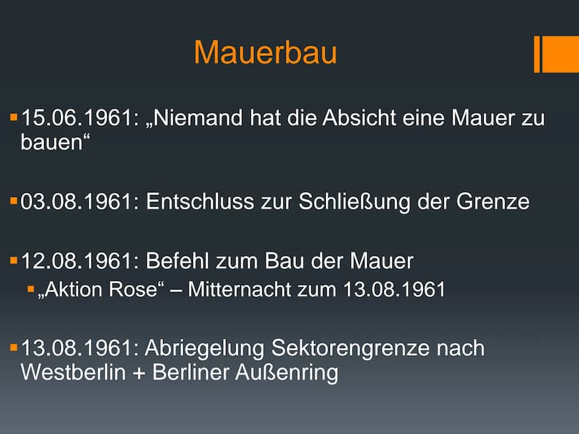 38
Mauerbau 1961
eine Präsentation von
Geschichte Q3 -
22.11.2021
Abbildung 1
Eckdaten
Gründe für den
Mauerbau
(Jahr des)
Mauerbau(s)
Reakti