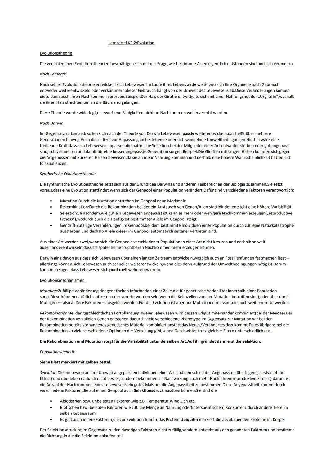 # Lernzettel K2.2:Evolution

Evolutionstheorie

Die verschiedenen Evolutionstheorien beschäftigen sich mit der Frage, wie bestimmte Arten ei