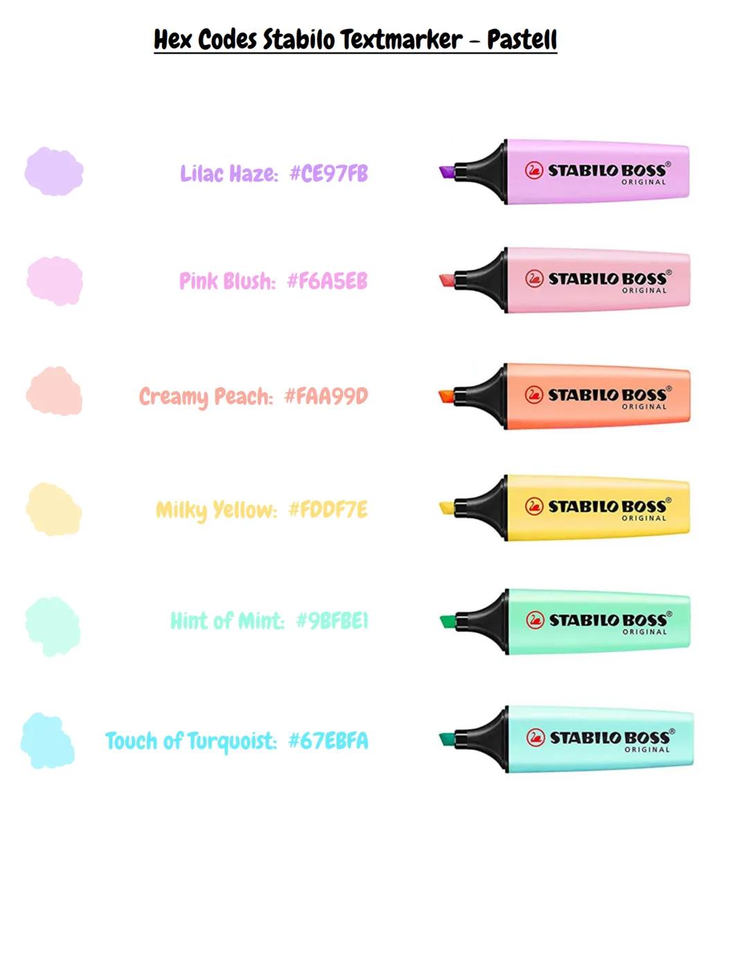 Hex Codes Stabilo Textmarker - Pastell
Lilac Haze: #CE97FB
Pink Blush: #F6A5EB
Creamy Peach: #FAA99D
Milky Yellow: #FDDF7E
Hint of Mint: #9B