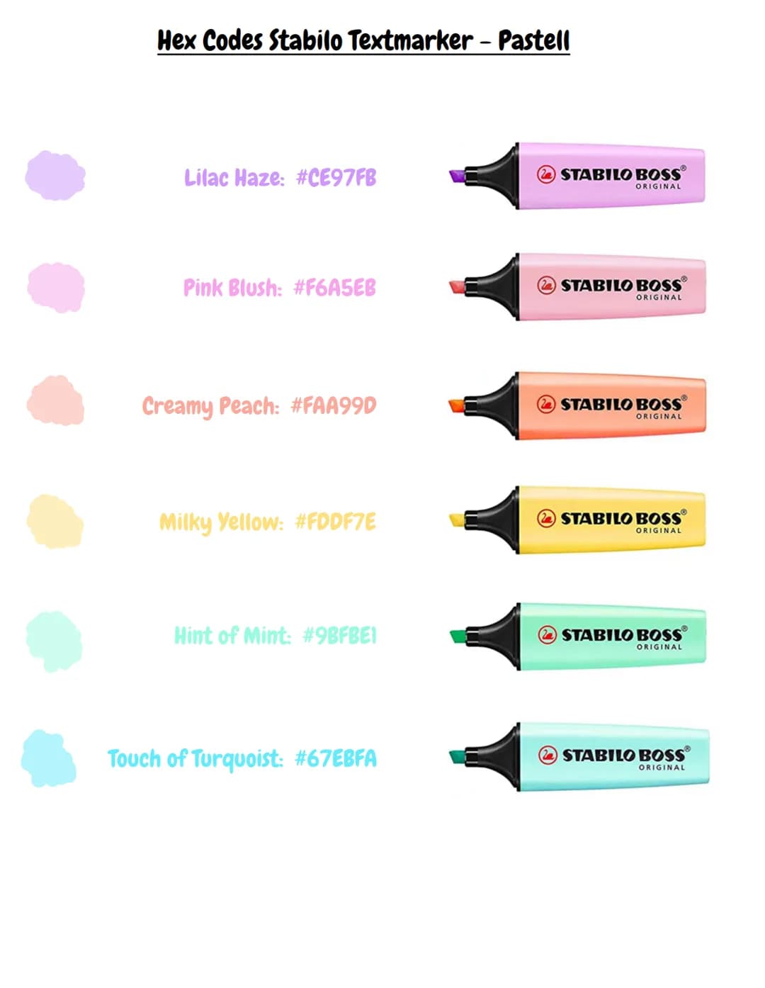 Hex Codes Stabilo Textmarker - Pastell
Lilac Haze: #CE97FB
Pink Blush: #F6A5EB
Creamy Peach: #FAA99D
Milky Yellow: #FDDF7E
Hint of Mint: #9B